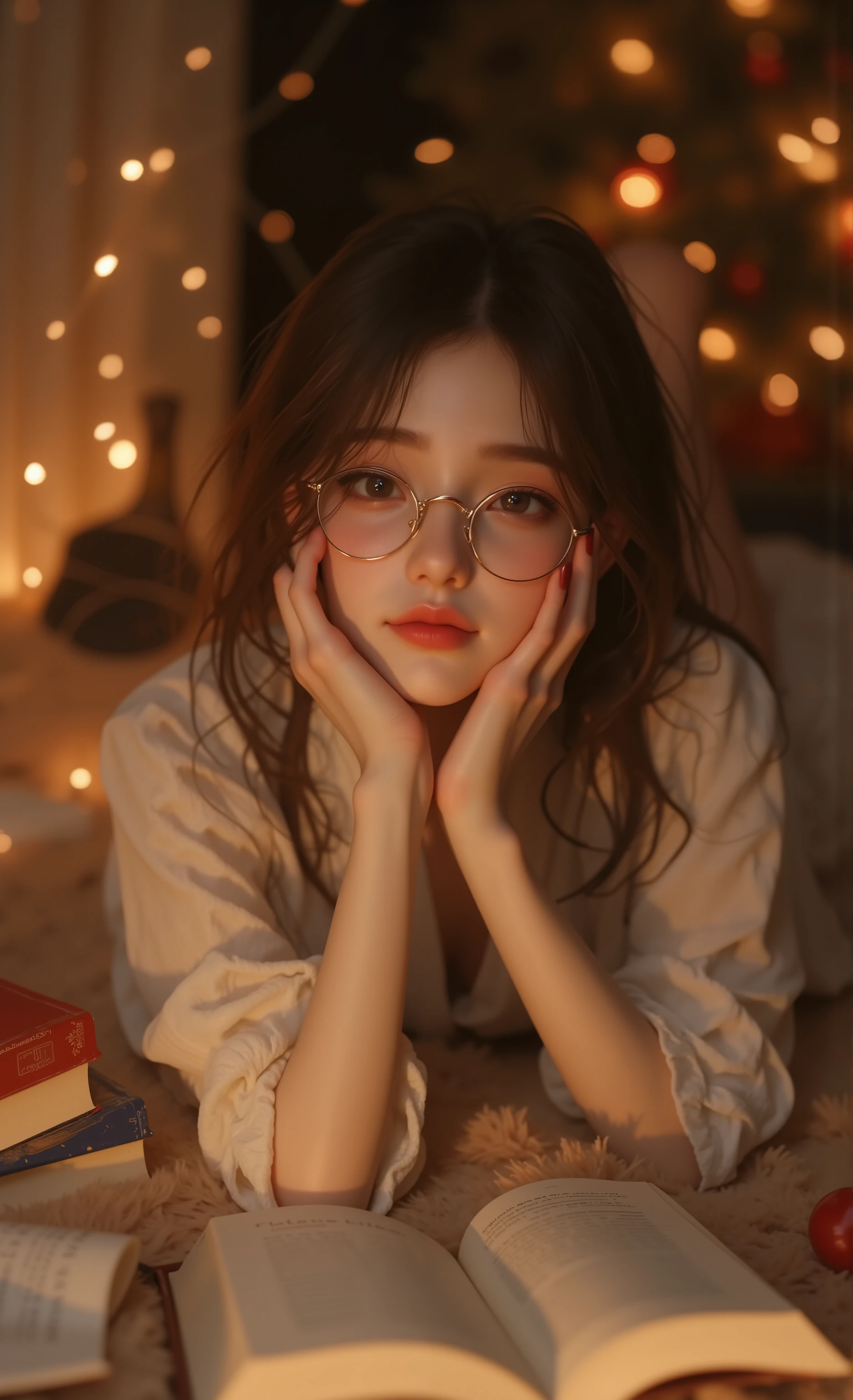 best quality, masterpiece, high sensitivity, high resolution, detailed depiction, Slender Woman, A girl lies on her stomach on a cozy rug, The woman has an oval face, large shiny eyes with thin eyeliner, pale porcelain skin, glossy pink lips, natural rosy cheeks, and high cheekbones. She wears glasses that slip slightly down her nose and looks at the camera with a soft playful smile. , with one hand supporting her chin while her other hand holds an open book. String lights hang in the background, and several books are scattered around her on the rug. The scene is illuminated with warm lighting that creates a soft glow. Intimate boudoir photography with HDR processing and Fujifilm grain texture under warm lighting,