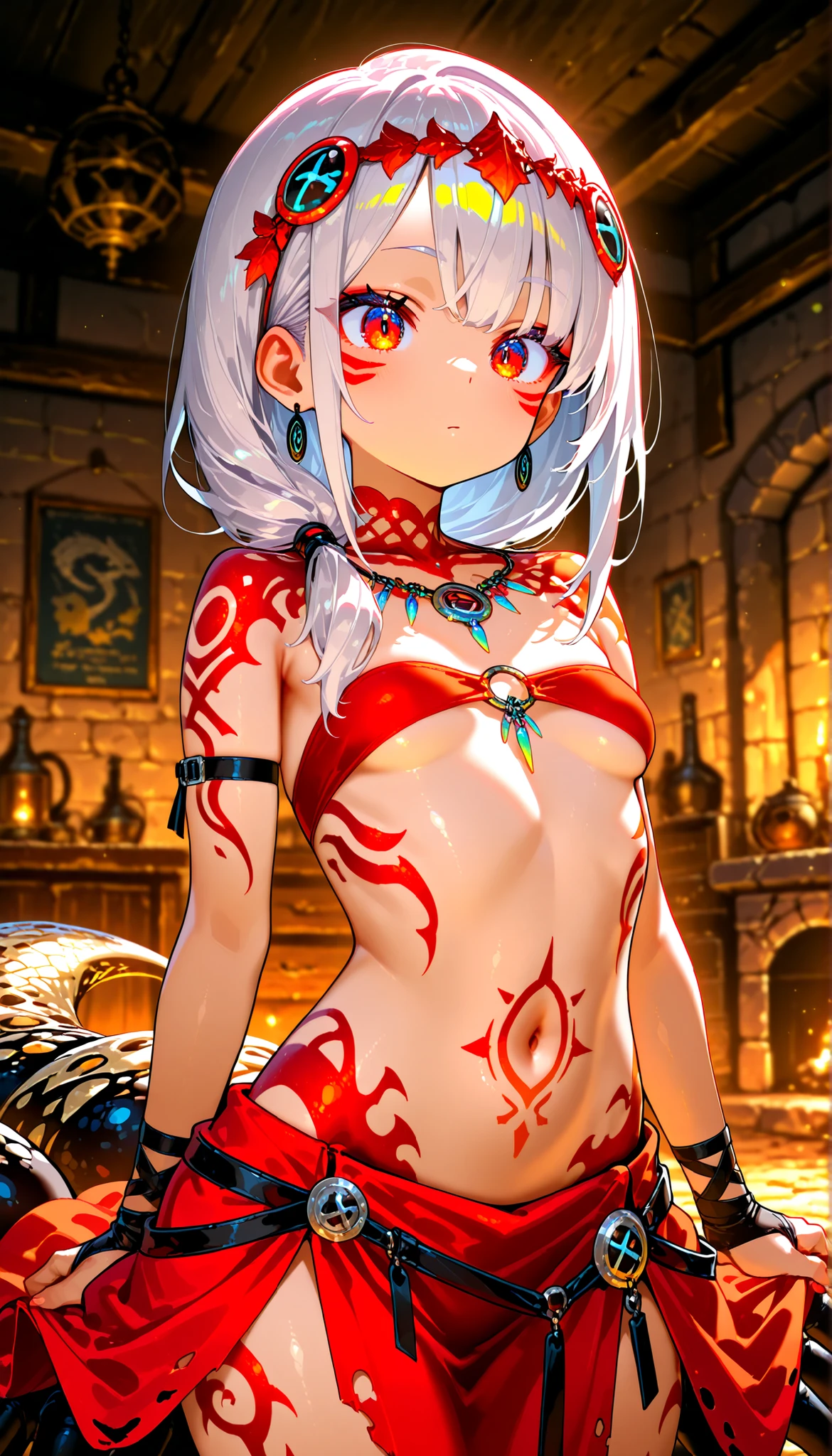((Arachnea )) small breasts, silver hair, eyes are red, Medieval Room , tribal cabana .