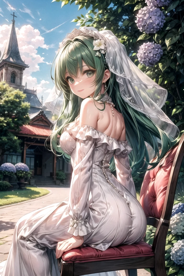 ((worst quality, low quality)), A girl wearing a pure white lace bikini, (big breasts), (long green hair), hair over one eye, plump glossy lips, beautiful clear eyes, a flared skirt with a pure white veil, holding a bouquet of pure white roses in her hands, cute pose, ((Perfect Hands:1.2)), looking back, (poolside background), A blizzard of blessing flowers is falling, and a face veil is waving in the wind, masterpiece, best quality, ultra detailed, Super detailed,