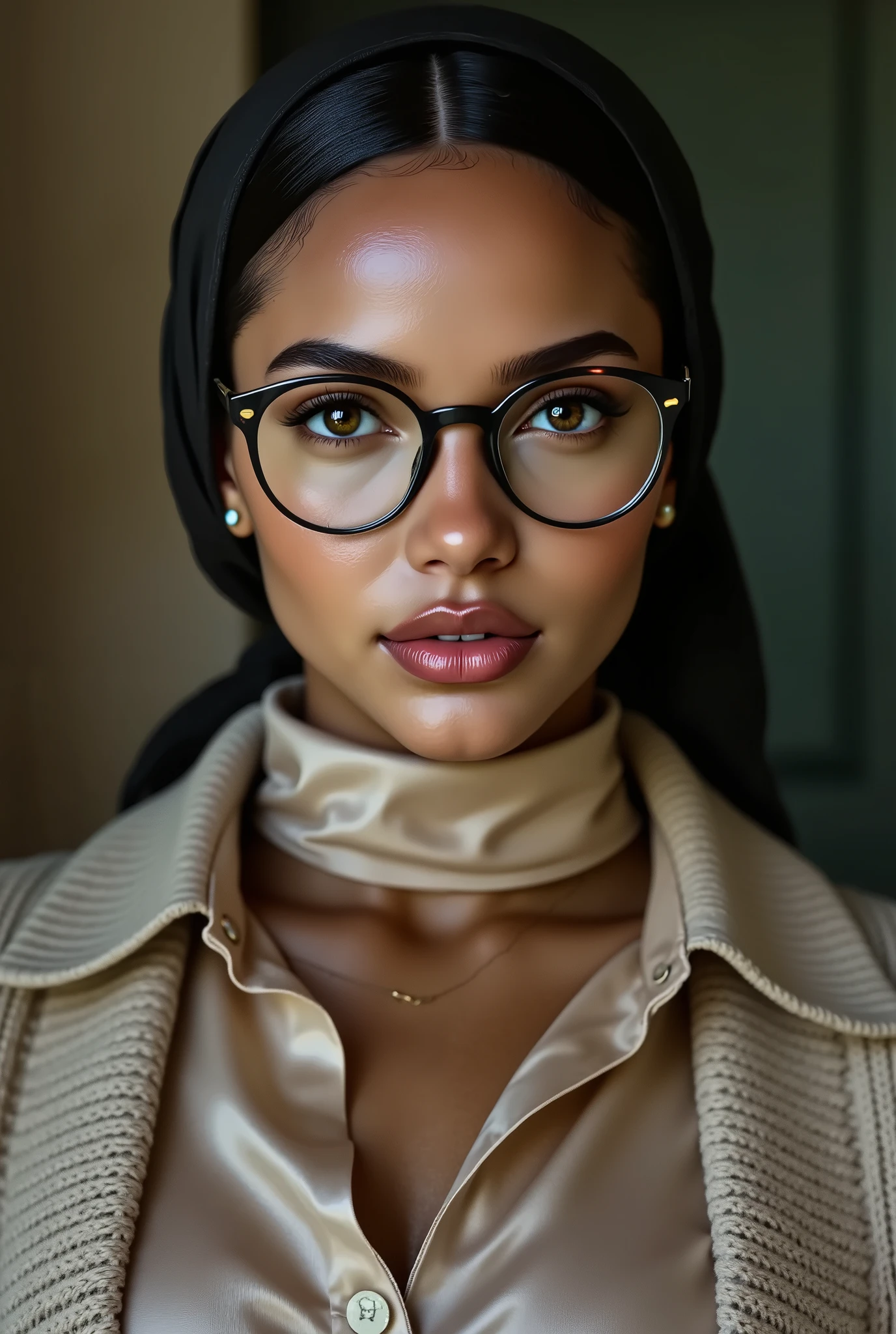 A beautiful Asian Malay wearing glasses and a spandex snake print turtleneck unitard catsuit and a spandex Malay snake print hijab。