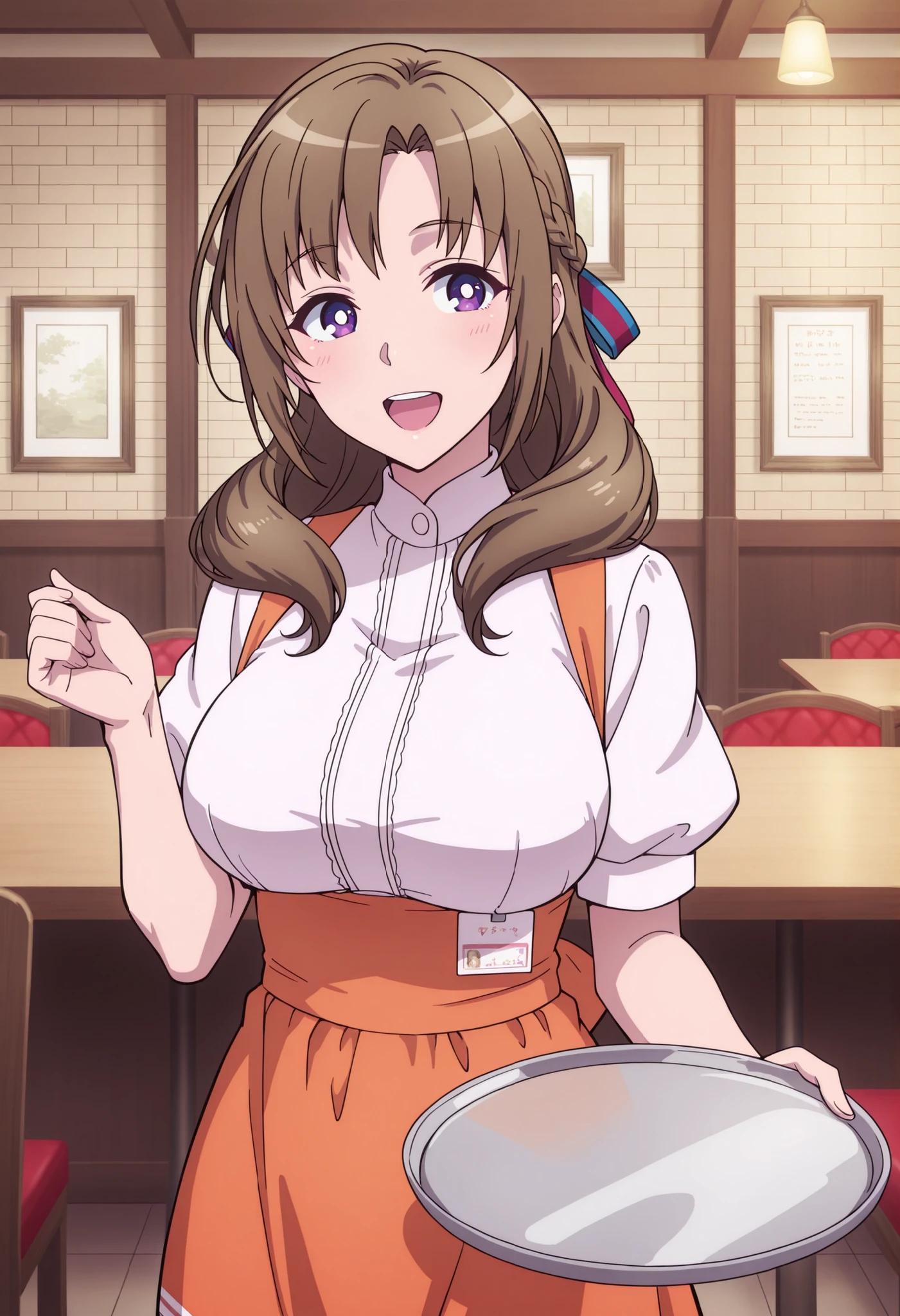 Score_9, score_8_up, score_7_up, source_anime, Mamako OOSUKI, solo, bronze hair, long_hair, hair ribbon, multicolored ribbon, braid, purple_eyes, huge_breasts, (best quality), (high quality), {masterpiece}, extremely delicate and beautiful, ultra-detailed, beautiful detailed eyes, anna miller, waitress, white shirt, short sleeves, puffy sleeves, orange suspender skirt, high-waist skirt, waist orange apron, name tag, restaurant, indoor, holding silver tray, smile, open mouth, standing