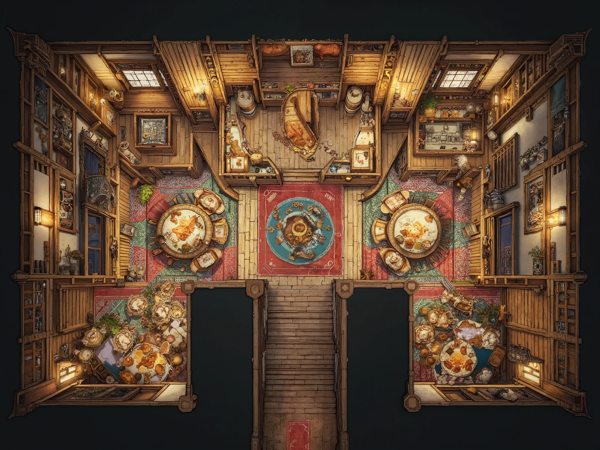 The image shows an intricately designed medieval tavern or dining area from a bird's-eye view. To the lower left, two large tables are adorned with festive meals including roasted meats, loaves of bread, and goblets, suggesting a celebratory feast. A richly colored carpet underlies these tables, providing warmth to the wooden interior. Smaller round tables are scattered across the central space, each set with platters and goblets, hinting at ongoing dining activities around for guests. Lit candles positioned on sconces along the walls, as well as on the tables, cast a warm, inviting glow throughout the space. Near the top, shelves filled with barrels and various culinary implements suggest a preparation area or bar. In the upper left, an old piano rests atop another vibrant carpet, inviting musical accompaniment. Various doorways and passages suggest exits to different parts of the establishment, enhancing its complexity. The image radiates a cozy and bustling atmosphere typical of a rustic inn filled with camaraderie and merriment. Dynamic Lights, 4k, hyperrealistic.
