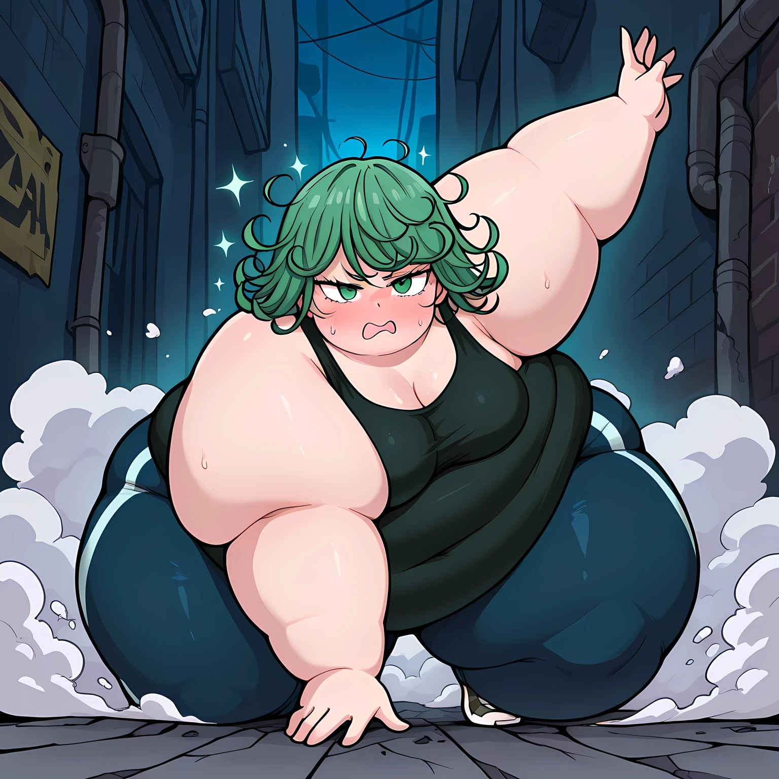 high resolution picture, masterpiece, best quality, amazing quality, solo, 1girl, Tatsumaki \(one punch man\), ,green hair, green eyes, , , medium breasts ,source anime,
BREAK (curvy), cracked floor, dust cloud superhero landing,, head down one arm outstretched, one arm up, , tank top, black shirt, sweatpants, dark blue sweatpants, u.a. gym pants, black tank topt, , alley, night, , , embarrassed fat, chubby, obese, gigantic arms and legs, large breasts open mouth, out of breath, sparkle, looking at viewer,