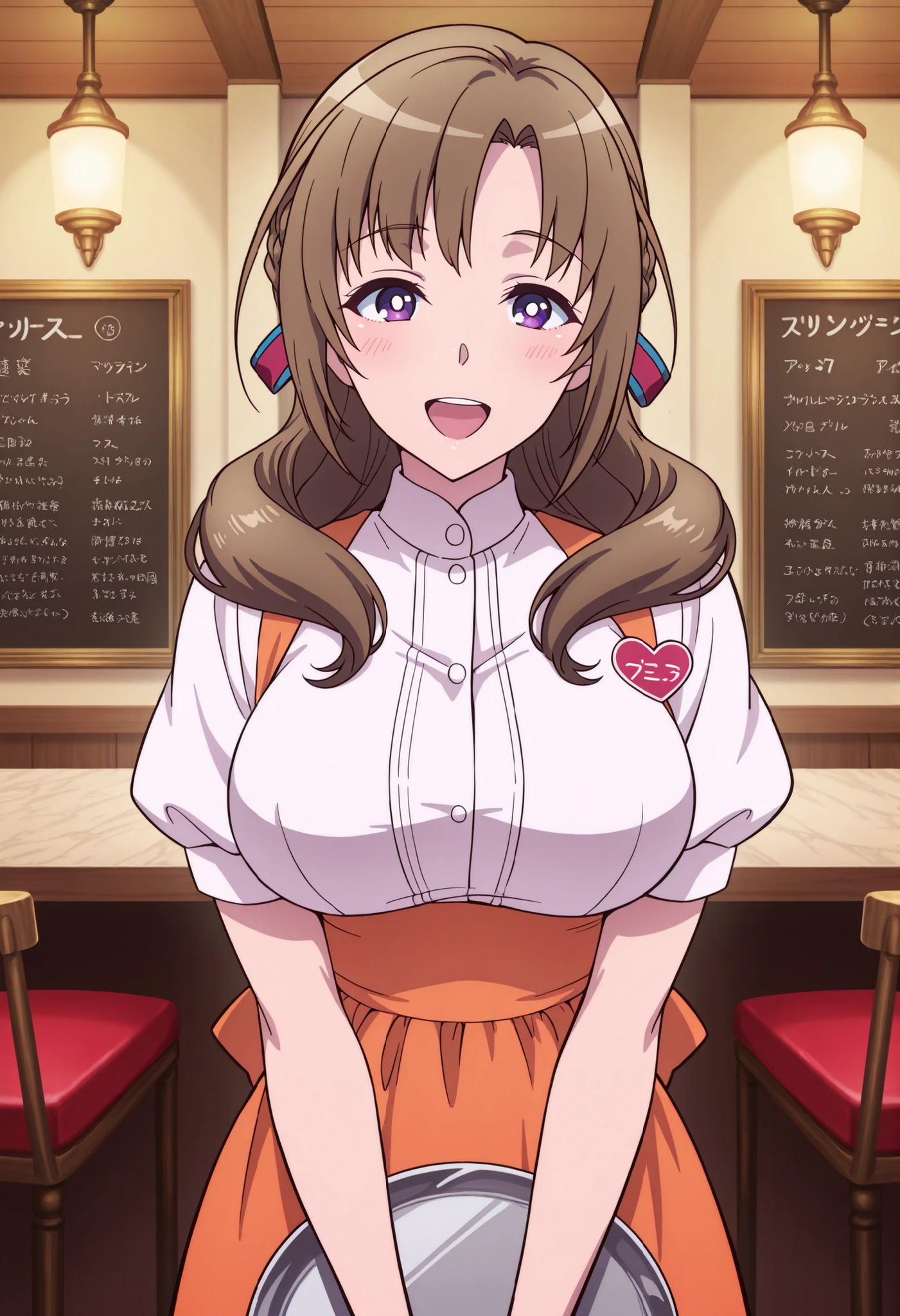 Score_9, score_8_up, score_7_up, source_anime, Mamako OOSUKI, solo, bronze hair, long_hair, hair ribbon, multicolored ribbon, braid, purple_eyes, huge_breasts, (best quality), (high quality), {masterpiece}, extremely delicate and beautiful, ultra-detailed, beautiful detailed eyes, anna miller, waitress, white shirt, short sleeves, puffy sleeves, orange suspender skirt, high-waist skirt, waist orange apron, name tag, restaurant, indoor, holding silver tray, smile, open mouth, standing