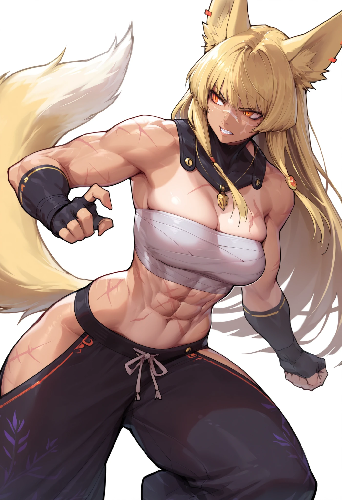 1girl, wolf ears, wolf tail, blonde hair, tan, tan skin, large breasts, thick thighs, yellow eyes, tanlines, ponytail, sportswear, thighhighs, toned, hourglass figure, mature female, smile, sports bra, highleg,