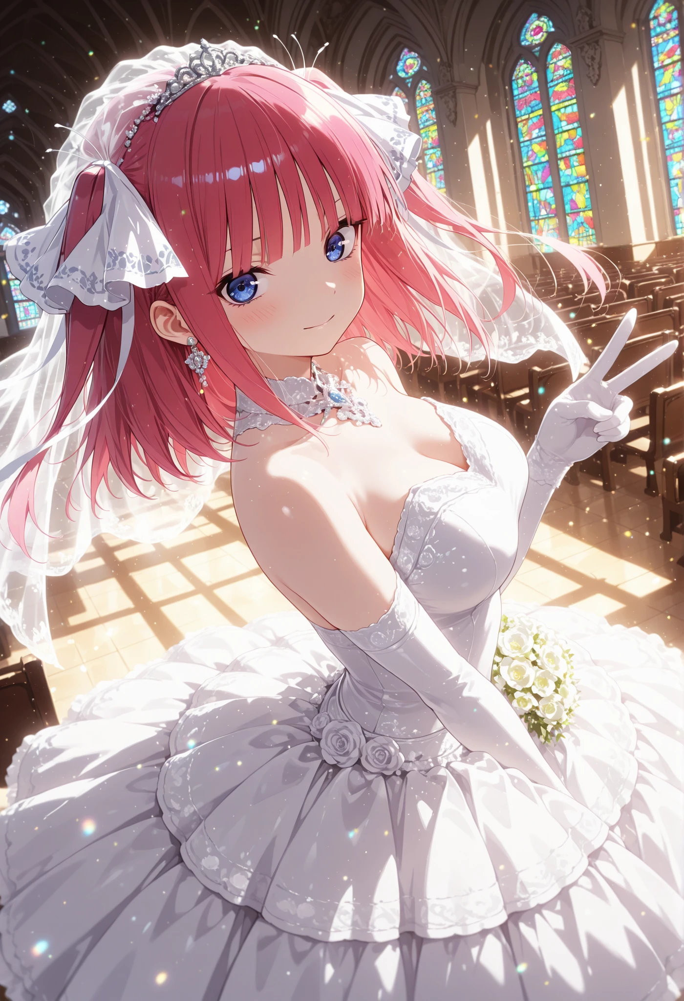 Wedding dress, medium chest, cleavage, in church, bouquet in both hands, with falling feathers, (upper body), blue eyes, pink hair, ((beautiful detailed face)), masterpiece, best quality, ultra hd, high resolution, detail,