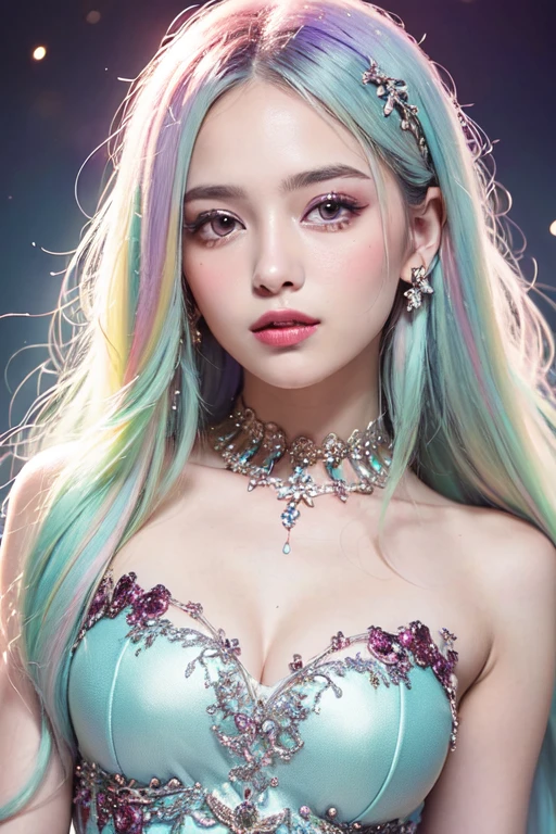 sexy Thai model who controls poison、beautiful smile、lip-gloss、bold lipstick、long lashes、drama makeup、look at the camera、full body Esbian、、sparkling poisoned flower costume、、、、sparkling Colorful hair、secrete poison、skull hair accessories、sexy tights、shiny sparkling flowers background