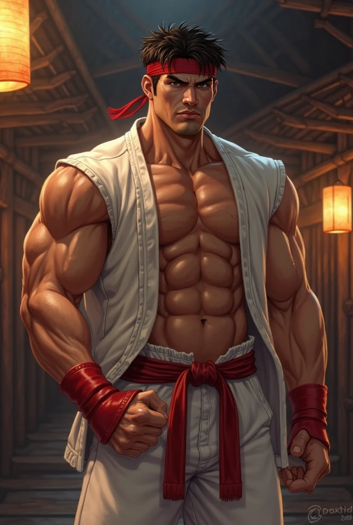 Mighty fighter, chest exposed, lower body unclothed from thighs to feet, flowing long curls, detailed muscular physique, photorealistic depiction, 4K resolution. Background: Martial arts dojo,32k uhd, best quality, masterpiece, super detail, high details