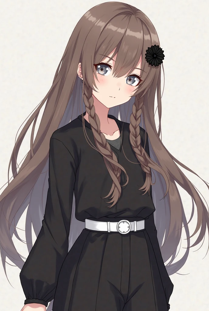 Draw a drawing of a girl with these characteristics 1.70 meters, with long straight brown hair, softer brown eyes, more feminine facial features, anime version
