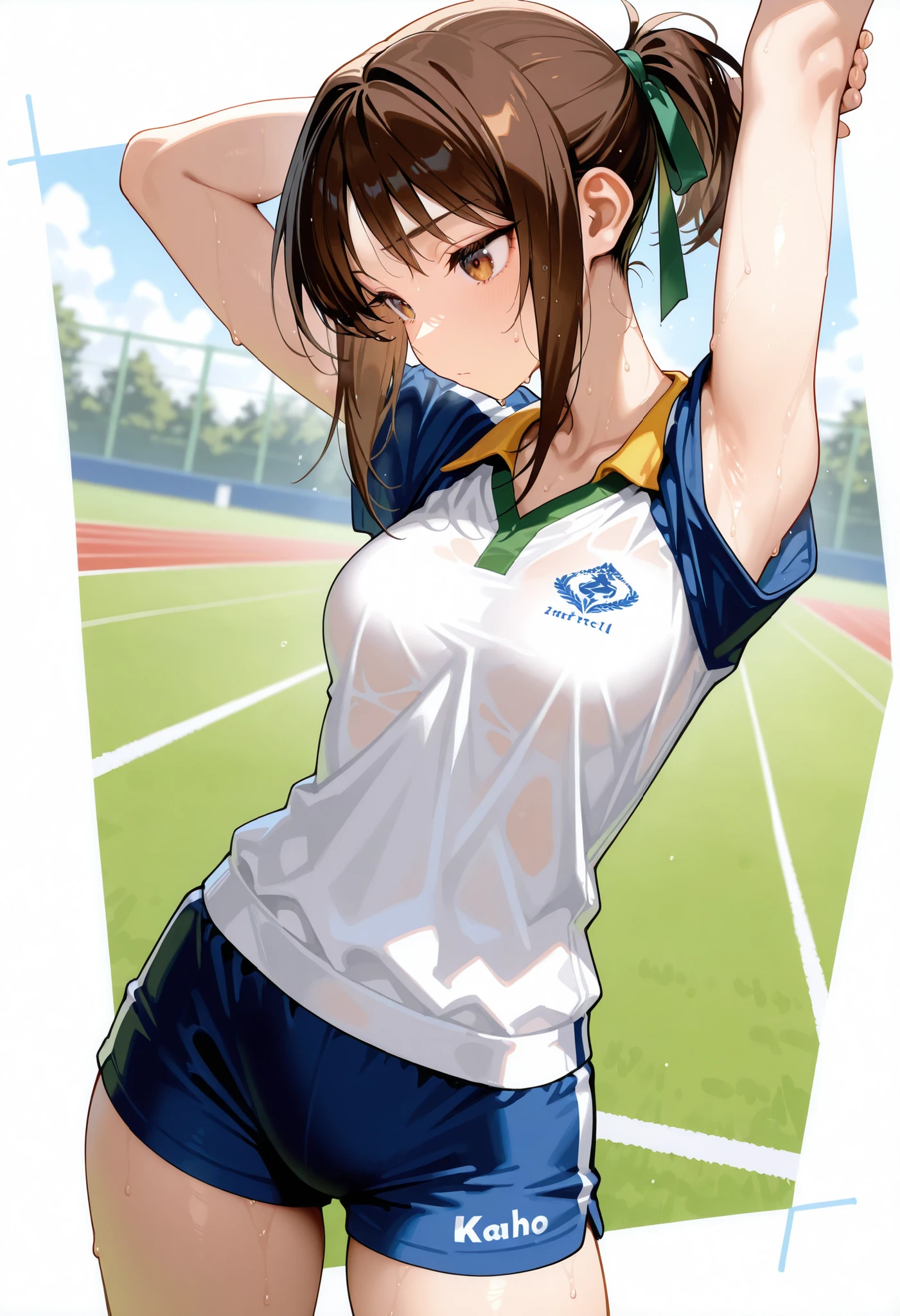 masterpiece,perfect anatomy,high resolution, ultra-detailed,beautiful detailed eyes,dutch angle,absurdres,1girl,(Kaho Morii, brown hair,sidelocks,short ponytail,hair ribbon,green ribbon,track and field athlete,sweat,cowboy shot,stretching,arms behind head,