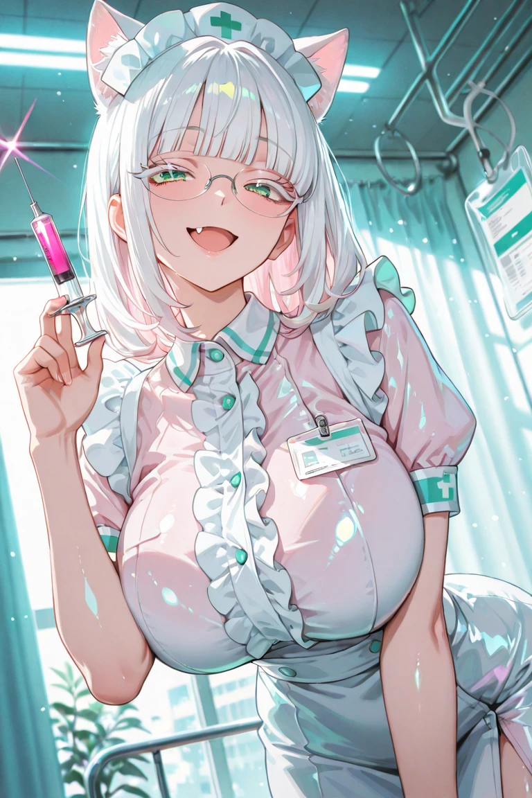 Full body girl, pregnant, huge belly, huge breasts, yellow eyes, glasses, boots, shy, earrings, hair ribbon, long hair, side ponytail, pink hair, tsundere, embarrassed, pout, visible belly, hands on belly, sitting on a chair, very thight clothes, idol clothes, gloves, best quality
