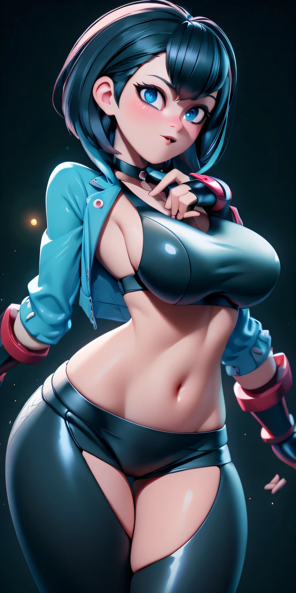 Teal hair, pussy sex slave tattoo, (hairy pussy:1.3), lifting up her shirt, sexy bra, (gigantic breasts), 4k, detailed face, anime stlye girl with large bright highly detailed gray eyes, wild short pixy hair cut hair style, wearing a blue and white skin tight long sleeve painted on top, sexy tongue, (robotic legs).
