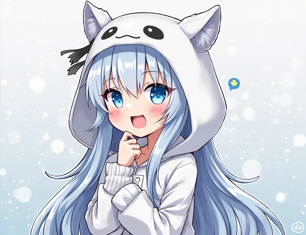 1 garota, Cabelo branco comprido, olhos azuis, Wearing blue sweater, orelhas de raposa , absurdos, high resolution, ultra-afiado, 8k, obra de arte, olhando para o espectador, fundo roxo claro, corpo todo