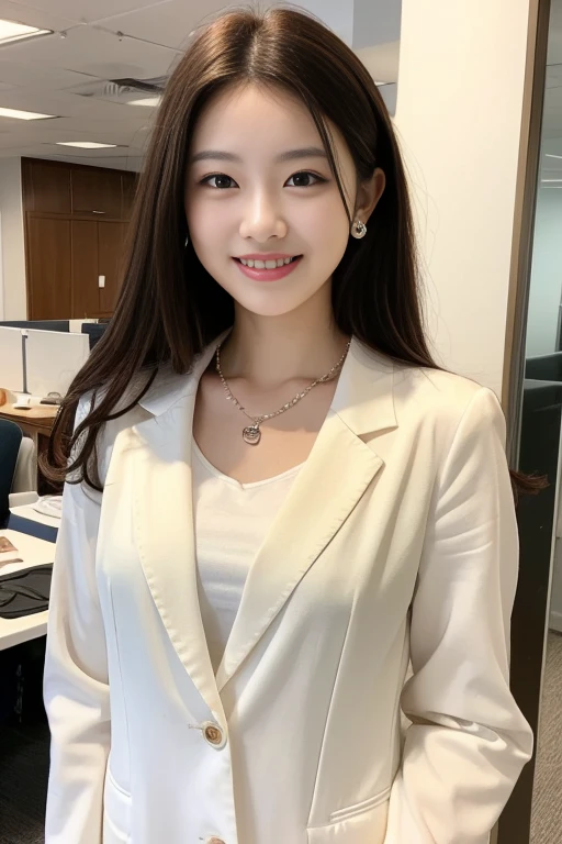 Highest quality:1.2), RAW Photos, High resolution, Very detailed, Intricate details, 、ear piercing、、smile、Beautiful teeth alignment、short hair、Brown Hair、Clear beauty,(High quality fabric, Office Lady Suits ）、Necklace around the neck、, The background is the office