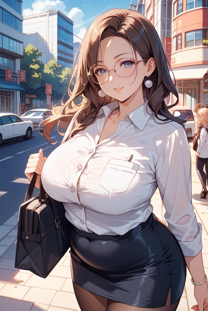 1girl, brunette, brown hair, one large and long braid, brown eyes, red cheeks, huge breasts, gigantic , short, fat, chubby, curvy, sad, scared, shy, big glasses, black dress, white buttoned-up shirt, brown long skirt, school bag, absurdres, high res, ultrasharp, 8K, masterpiece, smaller nose, remove the hair there