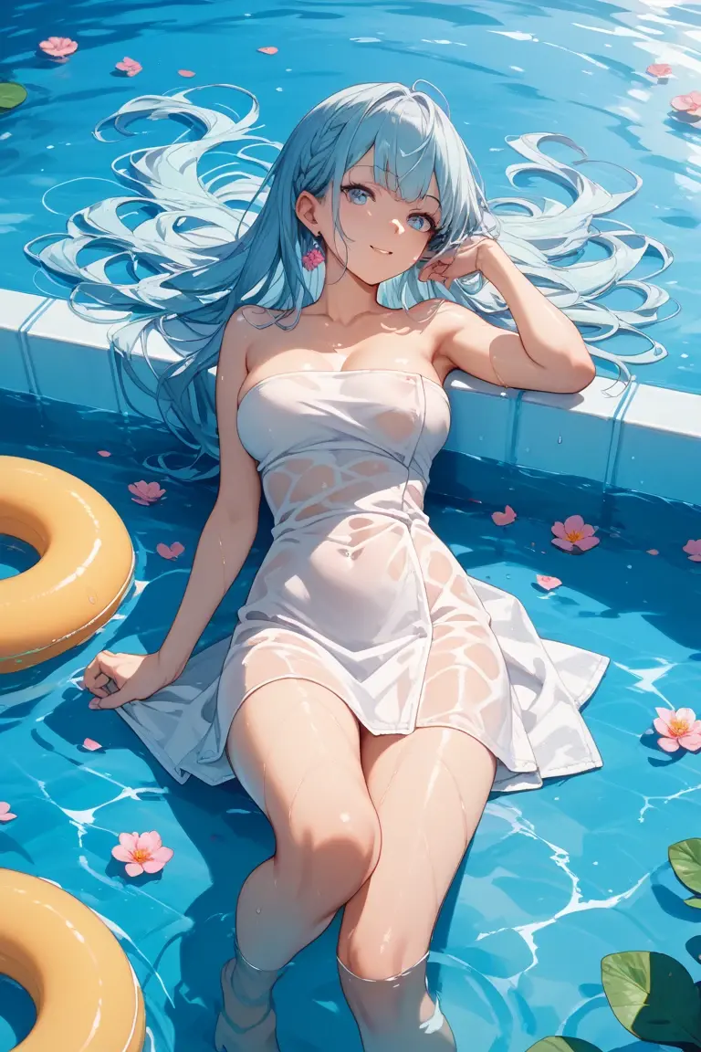 ( Absurd , high quality , Super detailed, Watch your hands )One girl,Hatsune Miku,The physique is thin,Small breasts,naked,No clothes,Location: Poolside,Crying face,The complexion is red