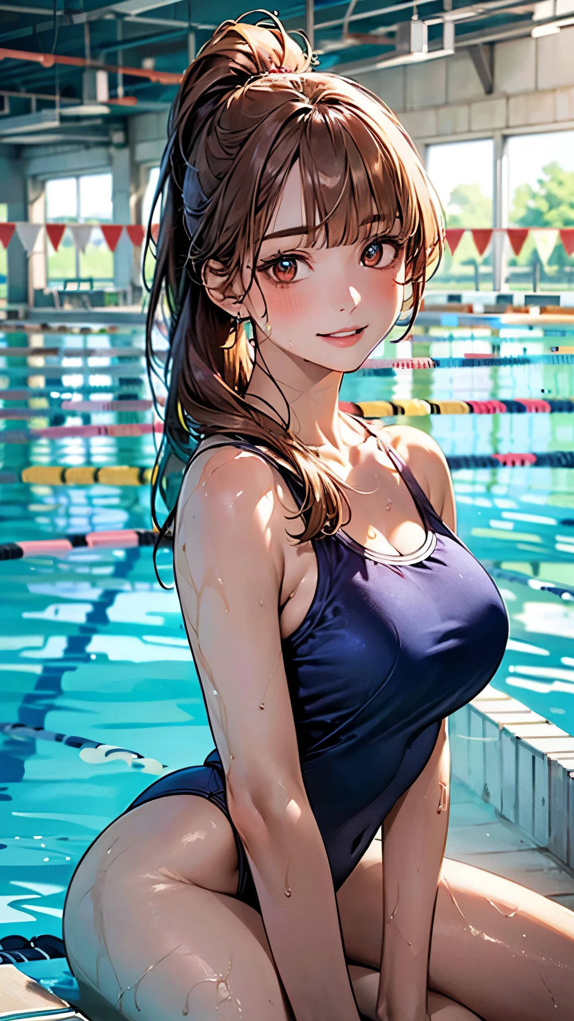 1lady solo, standing on poolside floor, (competition swimsuit) stylish, (mature female:0.8), /(reddish-brown hair/) bangs, blush kind smile, (masterpiece best quality:1.2) delicate illustration ultra-detailed, large breasts BREAK (swimming pool) indoors, course rope, hanging flags, detailed background