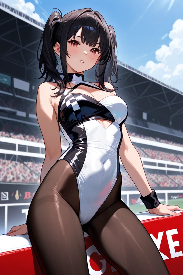 (8K、Top image quality、top-quality、​masterpiece)、A detailed face、1 girl in、A dark-haired、ponytail、Blue eyes、piercings、A slight smil、large full breasts、cleavage、White leotard、((off shoulders))、((Strapless))、((white mini pencil skirt))、shiny、With logo、Race Queen、Put your hands on your hips、cowboy  shot、Racing track background