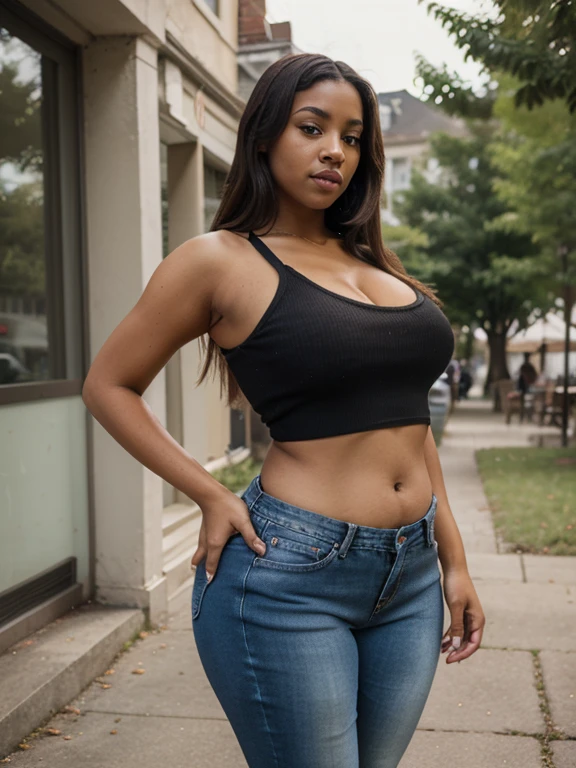 Masterpiece, 4K, High quality, Realistic, Life like, Ebony, Dressed like the 1970's, Tight shirt, Tight jeans, Beautiful, Sexy, Gorgeous, Beautiful big eyes, Sexy pose, Looking at viewer, On sidewalk, Sunny day, She's happy.