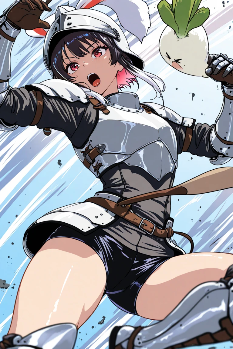 female knight Black Hair armor Torn white skirt No underwear torn white tights battlefield Leaking pee heavy rain