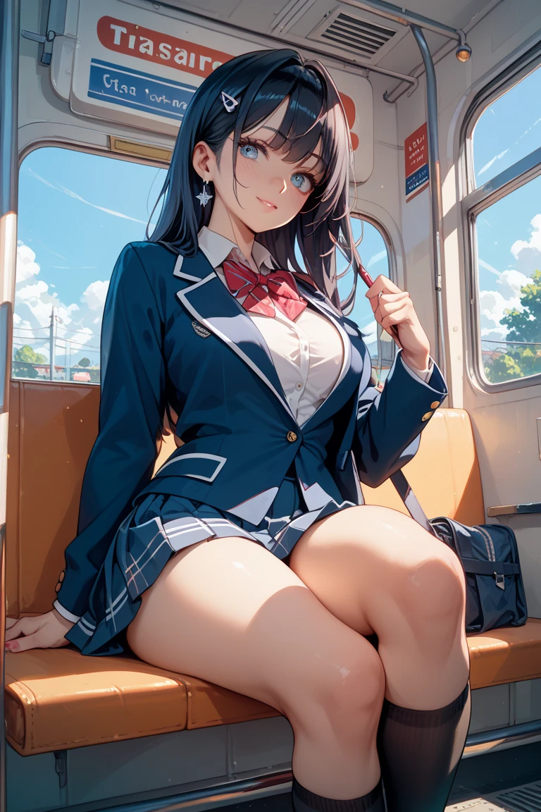 NSFW,4K,Gal:1.3,Anatomically correct,school uniform:1.3,A pure and innocent girl, Very cute face, Like an idol, (masterpiece:1.2), (high quality), panties, loose socks, Hip, Blue Skirt, alone, Blazer Type, loose socks, Lifting clothes, Brown eyes, pure gaze, mini skirt, Lift yourself up, Check skirt, blush,((Mid-chest)), (Sweating profusely), Long Hair, physical education, Beautiful legs, ((in the train))