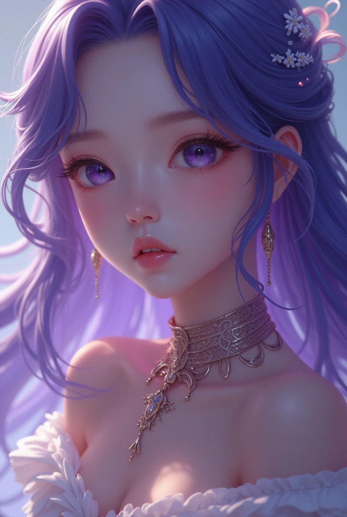White beauty　Purple hair, blue eyes, long hair, dressed up, flower on head