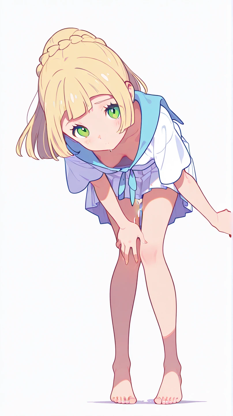 beautiful, cute 5yo anime girl, blue eyes, blond hair, (((flat chest, skinny body, extremely skinny, skinny legs, little))), squatting in a forest, wearing long summer dress, (((pooping))), view from behind, poop leaving butthole, looking back at viewer, extremely shocked, disturbed,