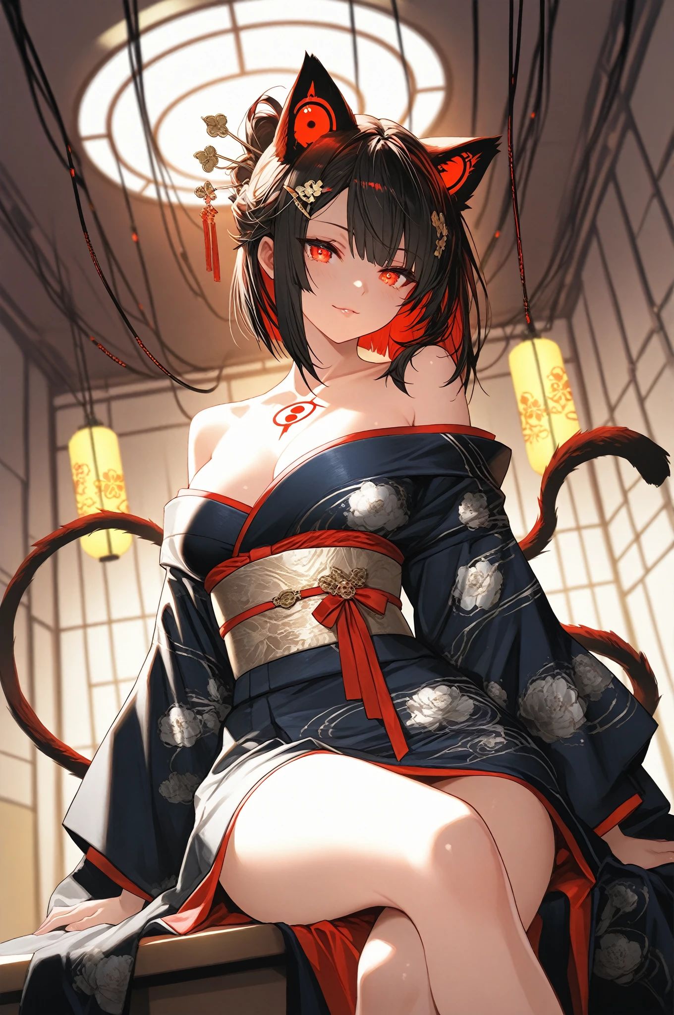 masterpiece, high resolution, high quality, red kimono, big breasts, cat ears, floral pattern, red eyes, NSFW, black hair, ponytail,