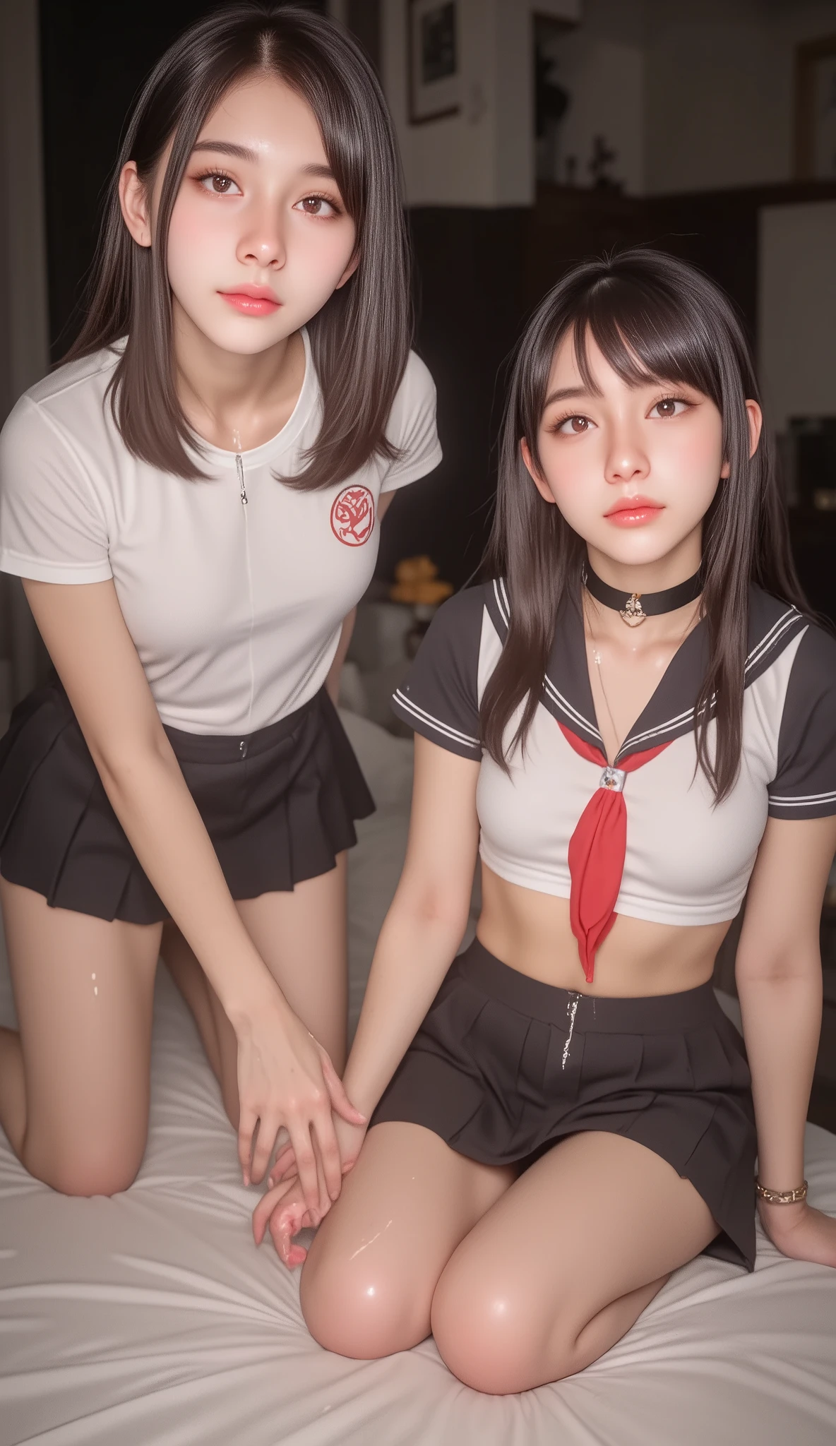 "chool girls are on bed doing COOPERATIVE HANDJOB to viewer, (best quality), ((masterpiece)), (highres), illustration, original, extremely detailed, semi realistic, cinematic lighting, masterpiece, (perfect lighting:1.4), expressive! Exposed, (((nsfw, uncensord))), source_photo, source_anime, 8k, highest definition, RAW photo, DSLR, ultra-detailed, picture-perfect, best quality, detailed shading, depth_of_field, cinematic lighting, ((dynamic view)), (hyperrealistic:1.2), (二次元大系·御姐篇_V1.0:0.7)zlqs, best quality, masterpiece, PERFECTEYES, DARK EYELASHES, EYELINER, SOFT GLOWING EYES, 2girls, multiple_girls, looking_at_viewer, foreshortening, closeup, sweat, movement_lines, (motion sex), motion_blur, seductive, vibrant, curvy, handjob, double_handjob, COOPERATIVE HANDJOB, 1boy, big_penis, white_cum, ((cumming, ejaculation, cumming tons of cums:1.1)), ((bukkake excessive cum, covered in sperm, sperm on the face, sperm on clothes, sperm on tits, sperm in the hair, facial ejaculation on a girl:1.1)), bedroom background, indoors, bed, bed_sheet, blurry_background, gyaru, school uniform, skirt, mini_skirt, black_skirt, pleated skirt, knee_socks, gyaru, school uniform, skirt, mini_skirt, black_skirt, pleated skirt, shirt, white shirt, sailor collar, black sailor collar, black serafuku, short sleeves, neckerchief, red neckerchief, jewelry, bracelet, choker, Shiny_skin,breasts, huge_breast, breasts_exposed, cleavage ,straight_hair, longhair, brown-hair, bangs, red_eyes, big hips, big thighs, stretched pussy, sensual fuck, riding cock, wet crotch, wet anus, grinding on cock, ass spread, size difference (moist skin), (sweaty skin:1.2), super detail, ((transparent liquid flowing only from vagina, soaked dripping:1.35)), pussy juice, excessive cum"