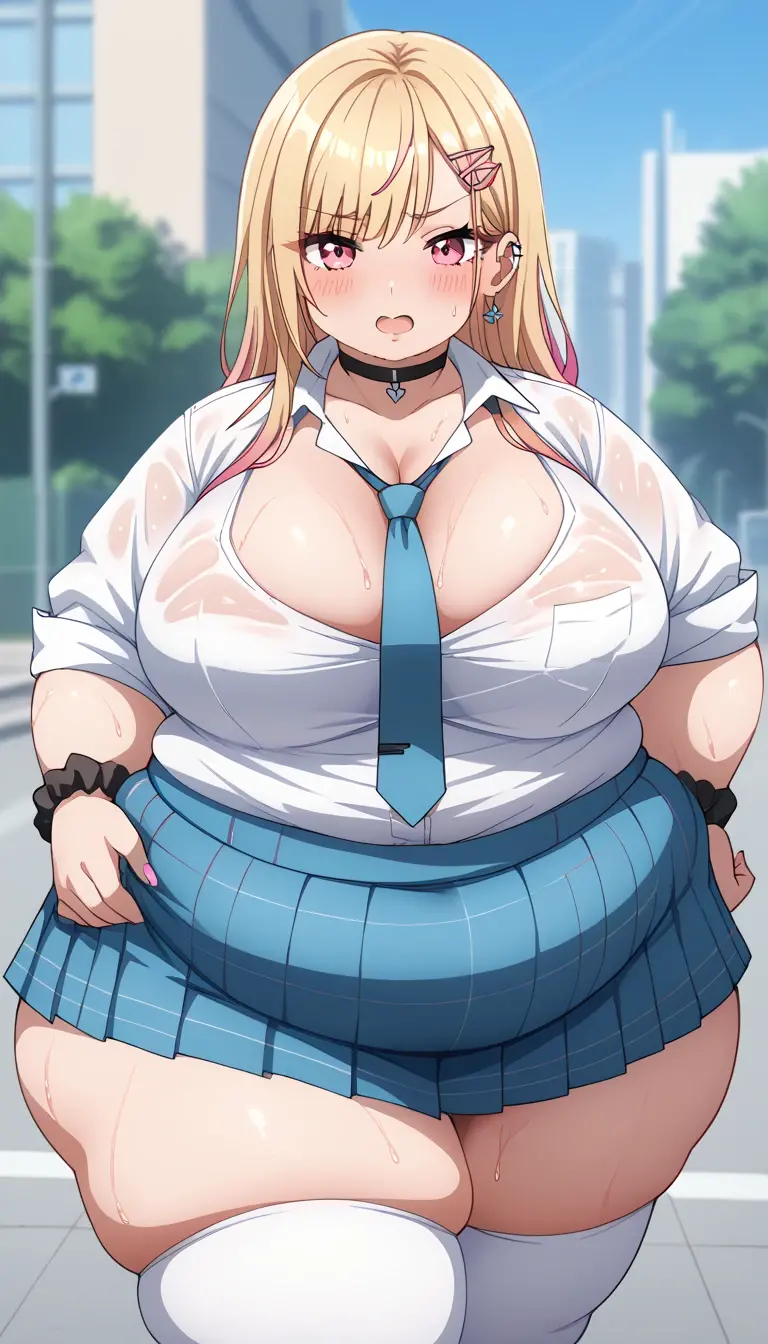 big hips, full body, 1girl, solo, elf, small elf ears, blond-white hair, bangs covering the forehead, loose medium hair, pale skin, long thin eyebrows, bright blue eyes, smart face, huge breasts, overweight, women's purple bow tie, purple long skirt, japan school shoes,
