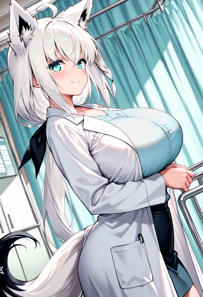 One woman、27-year-old female、Huge breasts:1.3、sagging breast:1.3、White、white coat、white gown、Black inner shirt、Anime girl in a brown dress and white coat posing for the camera, tits, (SFW) Safe at Work, breasts covered and SFW, (doctor), chic, Revealing clothing, Big Breasts!, have large breasts, SFW huge breasts, tits proportions, honest shinka, Big Breasts!!, honest, Whiteを着て, Cel-shaded adult animation