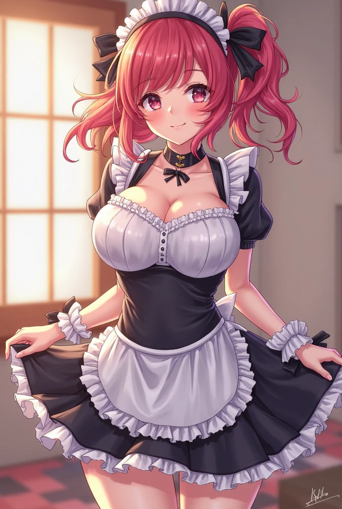 (masterpiece, highest quality:1.2), bazett, FGO, One girl, alone, short hair, Redhead, bangs, Red eyes、blush、Big Breasts, Earrings, (Naked Apron:1.3),(((kneel:1.3)))、entrance