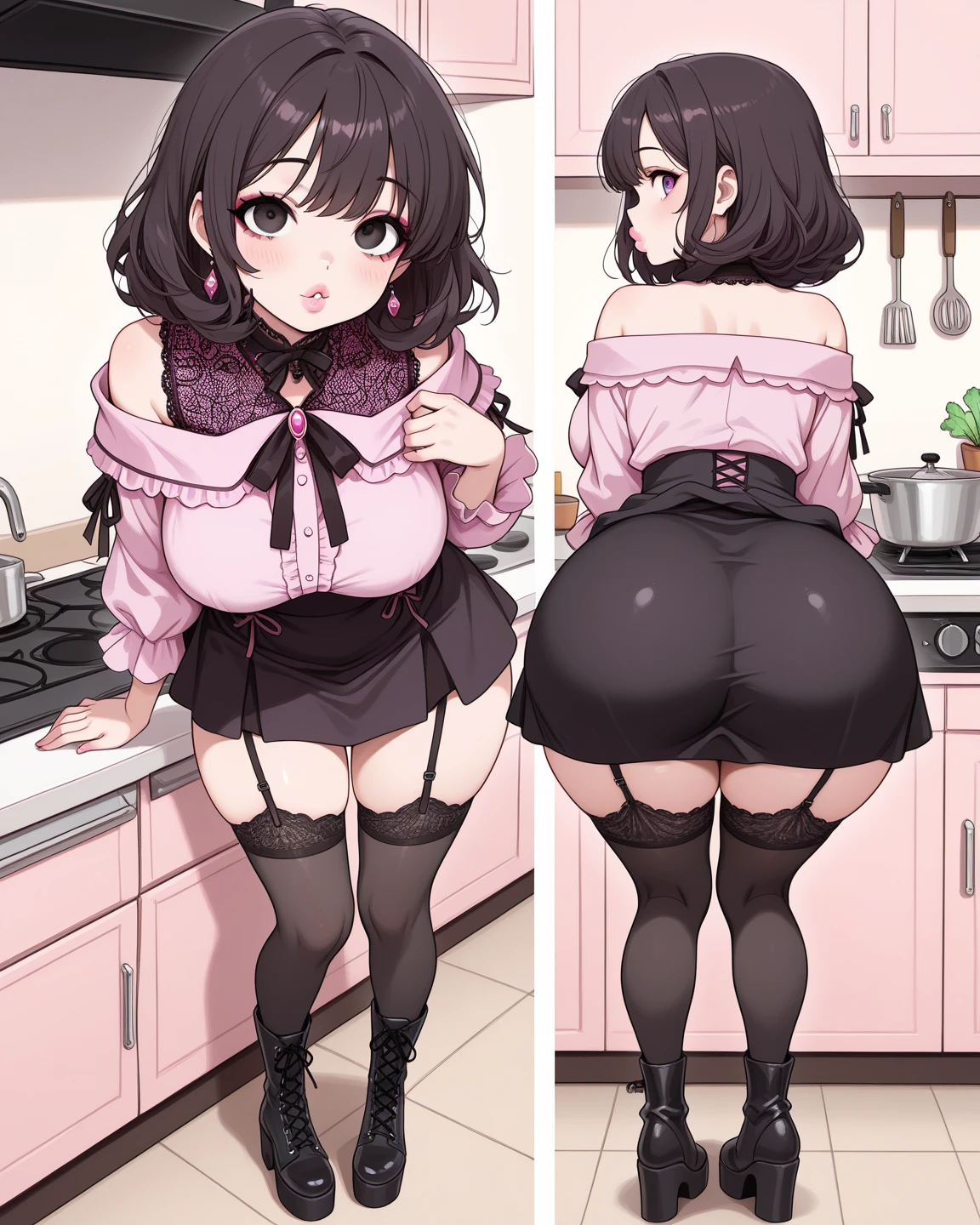 Married women、Married Woman、40 years old、Side Ponytail、wedding ring、Knitted sweater、Short tight skirt、Black Pantyhose、panties under pantyhose、kitchen、Highest quality, smile、Sulky face, black lace bra、Black lace panties, Big 、Big Ass、Plump thighs、Holding a knife、I'm cooking、Sweaty pantyhose、Point your big ass at me