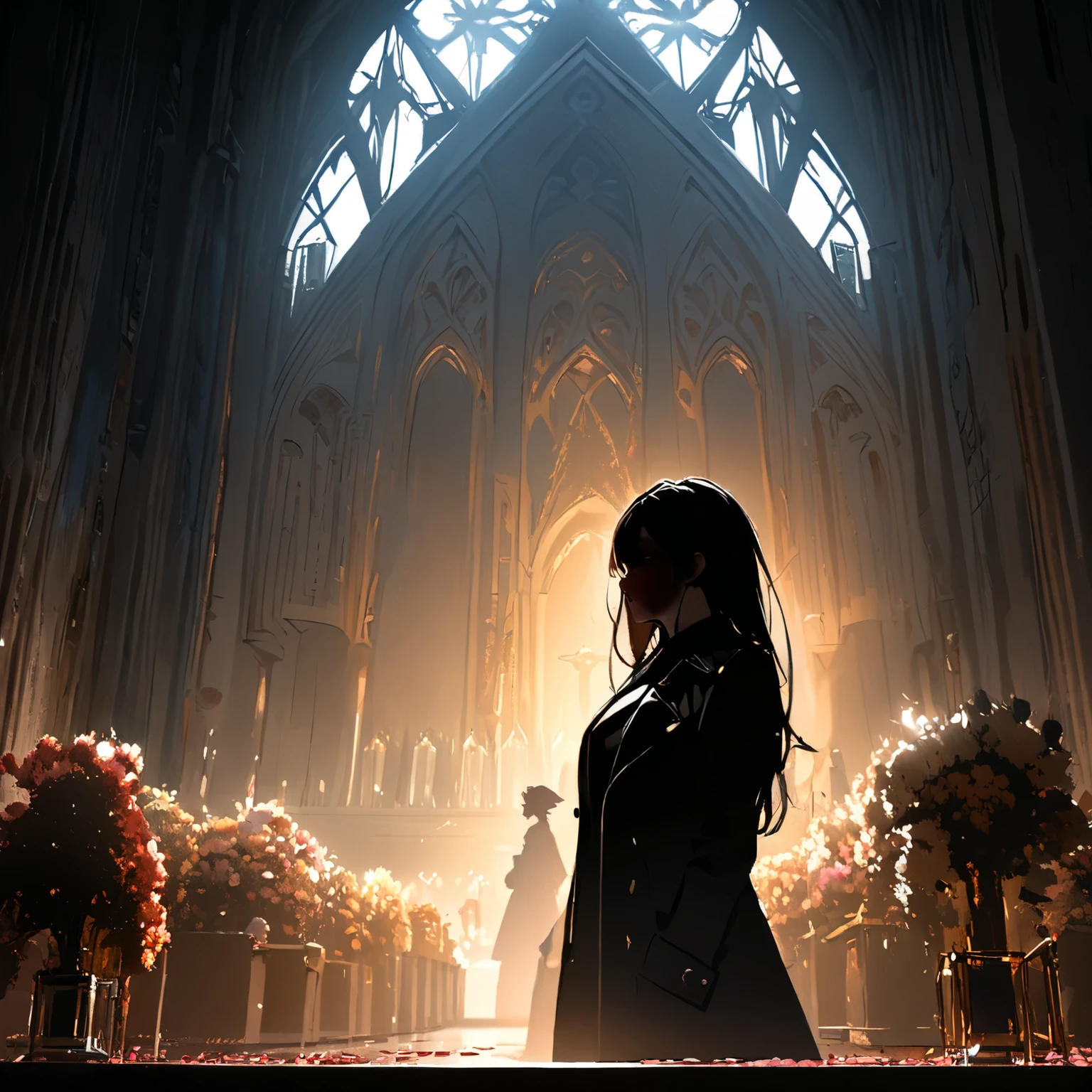 (top quality,8k,high resolution, masterpiece:1.2), (silhouette art),Super Detailed, HDR, 超high resolution, Studio Lighting, Super fine painting, Clear Focus, physically-based rendering, extreme detailed description, Professional, bright color, Bokeh, PORTRAIT, Concept Artist, Warm colors, dramatic lighting,1 person,(black trench coat),  extreme detailed explanation of , Church wedding, flower shower,  Sunny, church sunshine, Petals Fluttering in the Wind, cherry tree,profile,