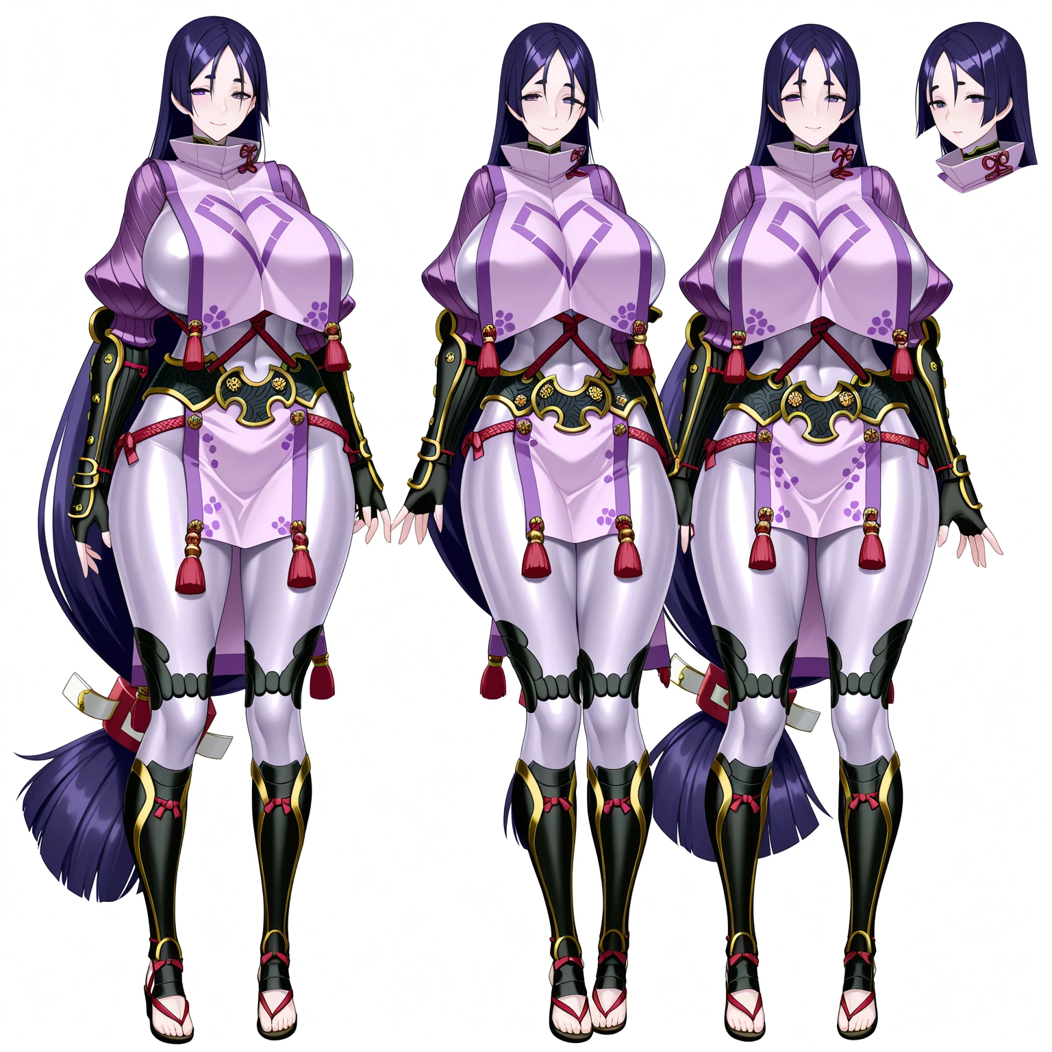 ((Best Quality)), ((Masterpiece)), (((detailed character sheet, frontal view, side view, three quarter view))) white background、whole body、whole bodyイラスト、whole bodyアニメーション、whole bodyリファレンスシート、High heels、Swimwear、original、New World、Long Hair、Orange Hair、Tattoo on left arm、Ring belt、Heighten your head、smile、Cute face、Big Breasts、Narrow waist、Long legs、Beautiful feet、8 heads tall、thong、Detailed face、high school DxD、akeno himejima、