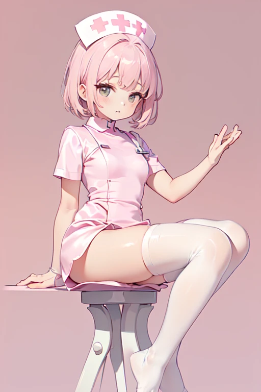 Cute anime,White shorthair,Character crouches,Please wear a pink miniskirt,The chest is protruding、contoured,Protruding nipples,Showing side boob,Nurse uniform,Clothes are tight,Body Contouring,Low Color,Stretch one leg towards the camera,Thinner legs,White swim briefs,Wearing pink knee-high sneakers,Short Ponytail,Lift one leg forward,Sole of the foot facing the camera,Close-up of boots,Spread your legs,The camera is pointed between her legs、No underwear、Pussy、Lower body naked、M-shaped legs、Fingering、Masturbation、Climax