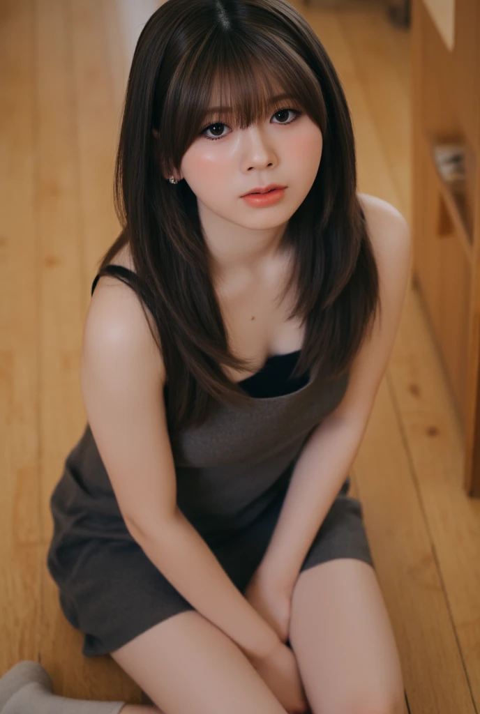 Highest quality, Face Focus, Soft Light, Ultra-high resolution, (Realistic:1.4), RAW Photos, 1 Japanese girl, alone, cute, (pupil, Light in your eyes), Beautiful face in every detail, (Small box),(High resolution detail of human skin texture), (Long Hair), Sit on the sofa, , Charcoal vest, skirt, (Upper thigh)