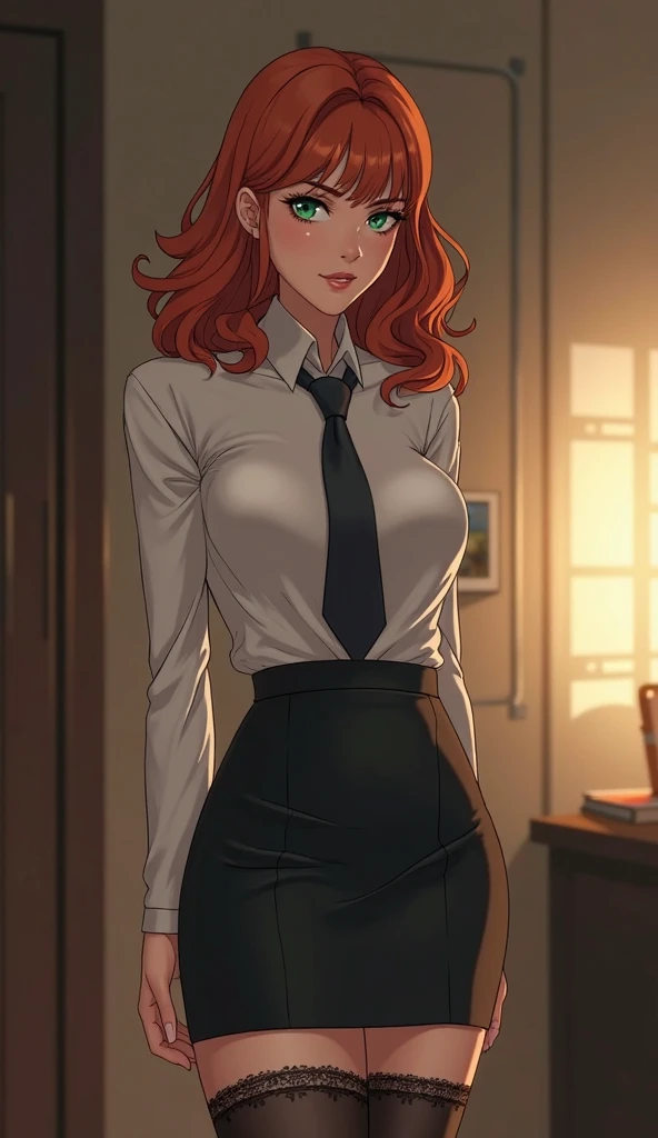 vivid hair, pencil skirt, blouse, light rays, god rays, muscular, realistic, breasts