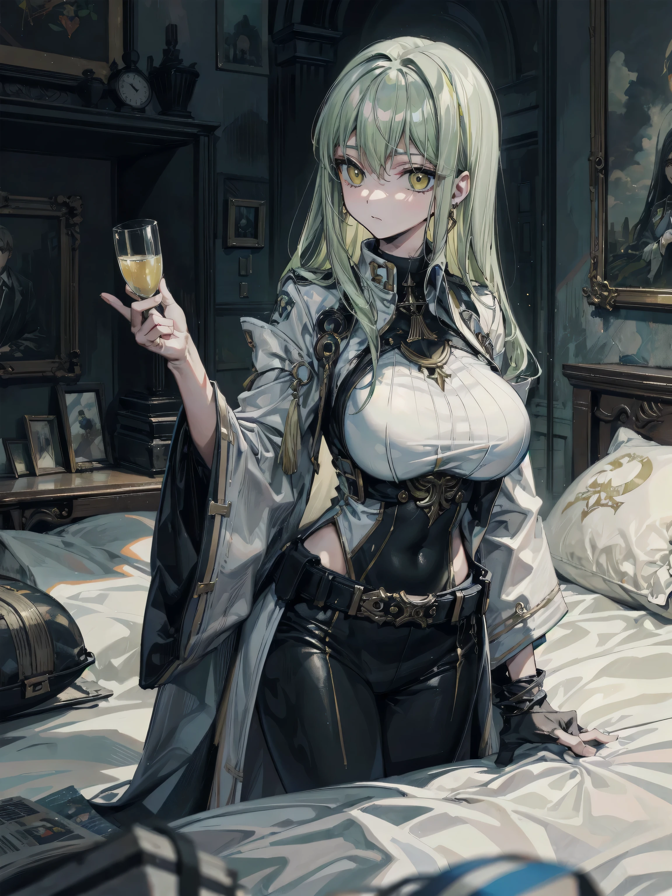 whole body, Anime character, ((against the backdrop of alchemist room)), traditional witch outfit, absurdres, RAW photo, extremely delicate and beautiful, masterpiece, Best Quality, ultra high resolution, 32k, hyperrealistic, ultra-detailed, perfect figure, perfect shape, detailed description, pale skin, 20 years old, detailed beautiful face and eyes, tearful mole, earring, short medium hair, wavy hair,
