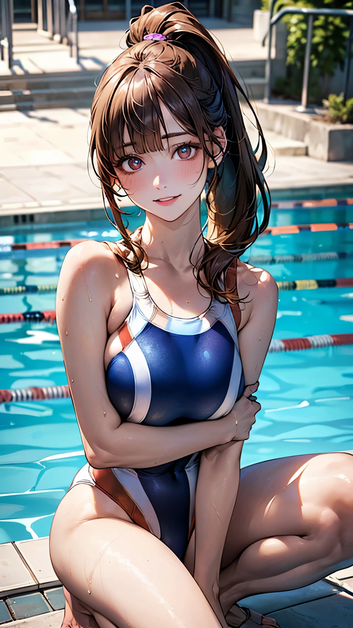 (((masterpiece))),(((High resolution))), (((perfect face)))、(((Japan beauty)))、15 years old, (((swimsuit))), ((top quality eyes)), detailed texture, ((high resolution face)), (at the swimming pool), (((leaning forward)))
