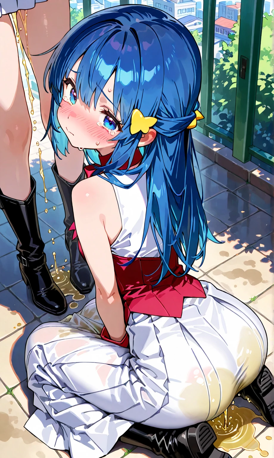 NSFW、masterpiece、A highly detailed、profetional lighting、pretty skin、Ansanburu Stars、Cynonon、Light blue hair、Medium bob hair、slender、kawaii faces、Okappa、Patsun、a high school boy、male people、Guys only、convulsion、orgasm、cum shots、tears、Large grains of sweat、