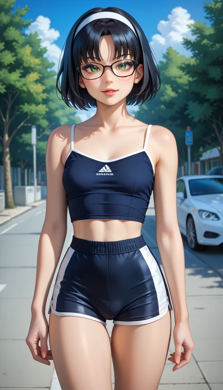 Sport Tank Top，short detailed hair，wears glasses，Shark pants