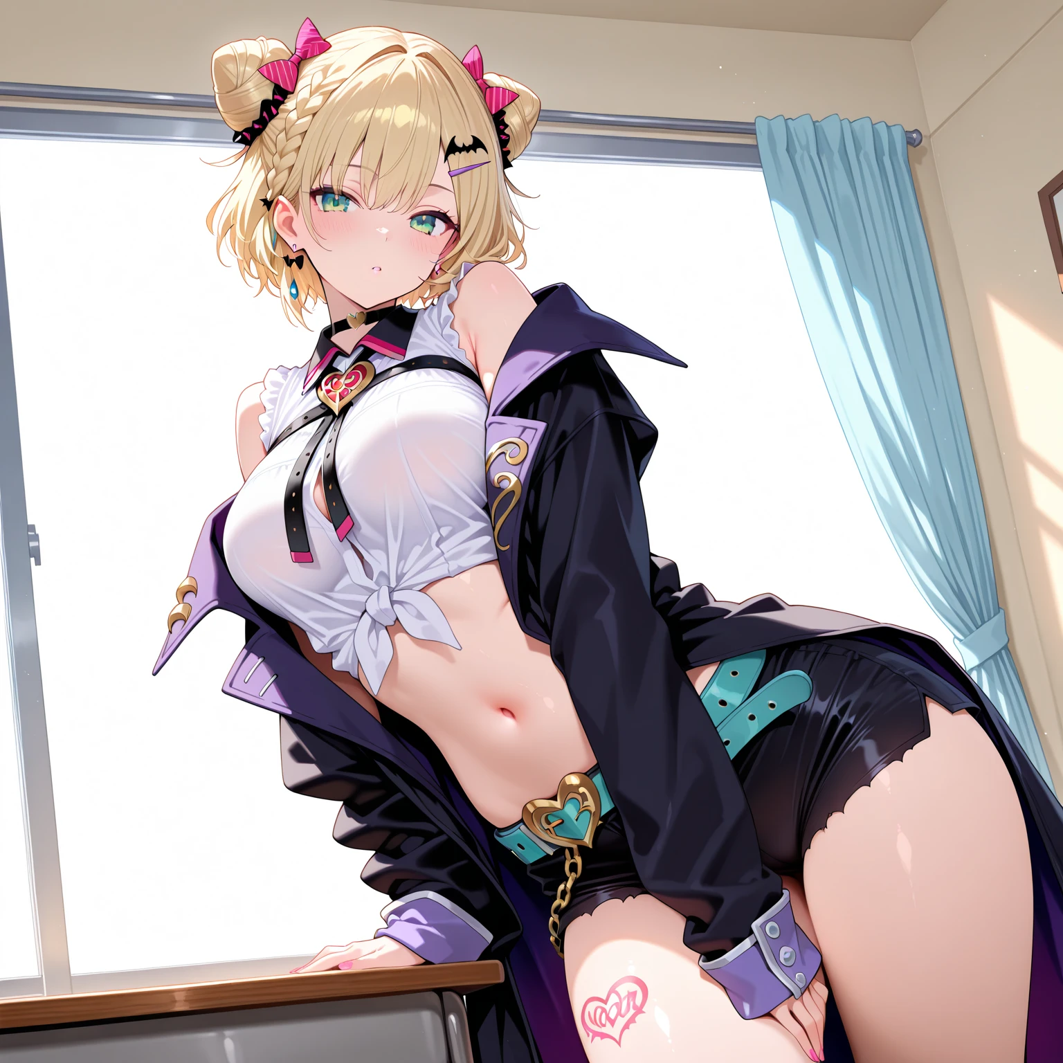 NSFW,(One girl:1.5),KazamaIroha,hair ornaments、hair band、Bleaching、Haori、belly button、Black gloves、Pleated skirt、Green skirt、White knee socks、Cleavage,(Perfect hands),(Perfect Anatomy),(masterpiece),(highest quality),Embarrassed,blush,Leg spread,Japan house at night,(One man:1.5),(Sex:1.5),Roll your eyes