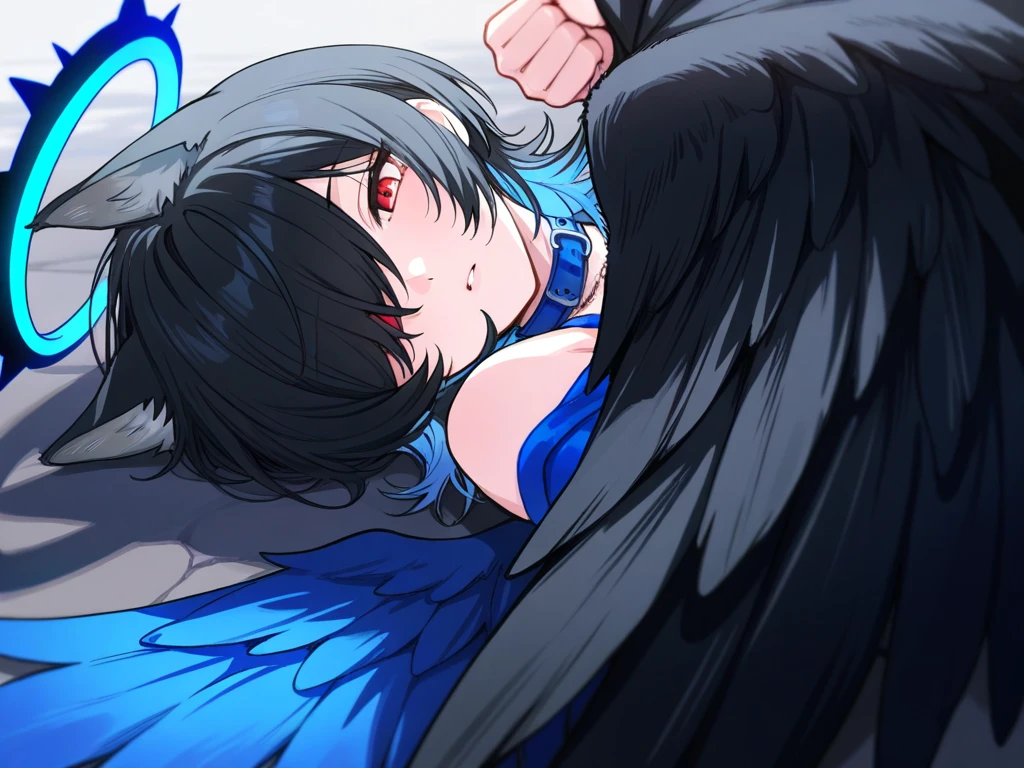 score_9, score_8_up, score_7_up, amane_kanata, 1boy 1girl all_fours angel angel_wings animal_collar arm_support bed_sheet blue_eyes blue_hair blush breasts collar colored_inner_hair completely_nude condom dark-skinned_male dark_skin doggystyle hair_between_eyes half-closed_eye halo heart hetero leash looking_at_viewer multicolored_eyes multicolored_hair nipples nude on_bed open_mouth pink_hair purple_eyes pussy_juice saliva sex sex_from_behind sheet_grab short_hair small_breasts solo_focus speech_bubble stained_sheets steaming_body streaked_hair sweat used_condom virtual_youtuber wings