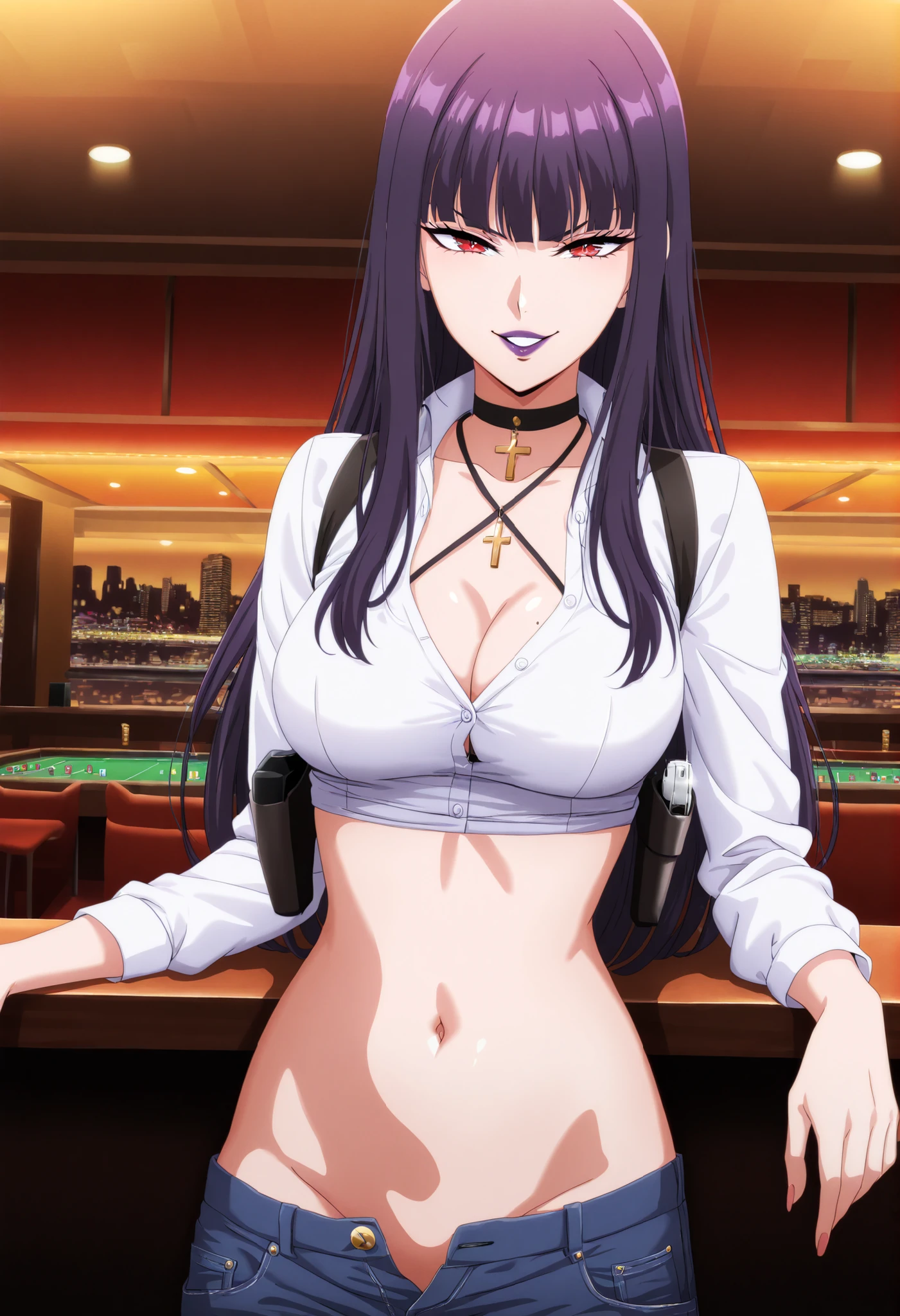 masterpiece,best quality,highres, absurdres,
caldmellia, , black hair, purple hair, long hair, parted lips, purple lips,, black lips
, bangs
1girl, long hair, dark purple hair, , dark red eyes, , long hair, , lipstick,Hot girl, baddie, smoking, sensual, attractive ,cross necklace, choker, bar background, inside bar,indoors, cityscape, casino, nightclub, city lights, pull_down jeans(show off panties,:1.2, no panties),masterpiece,high quality,4k,belly,,holding pistol,cleavage, ,unbuttoned shirt, collared shirt, knot, smile, open mouth, (nsfw) not safe for work, evil expression,belly, exposed navel, exposed midriff, exposed lower belly,dragon print jacket, unbuttoned jeans , low rise black jeans, Low rise jeans with open fly, , criss-cross halter,, shoulder holster,,,medium breast ,looking at viewer , dragon tattoo on waist, narrowed eyes, tattoo on waist, anipai_style , anime screencap , anime coloring, v-shape eyebrows,