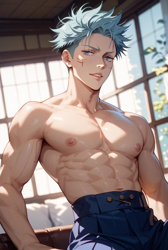masterpiece, top quality, 1 man, man, nioh standing, turquoise brown hair, gray blue eyes, forked hair, short hair, long bangs, ponytail, handsome, handsome, masculine, gentle, tall, quiet, light blue trousers, prince. Sword. Japanese. Sit-up. Upper body bare skin. Sunset.