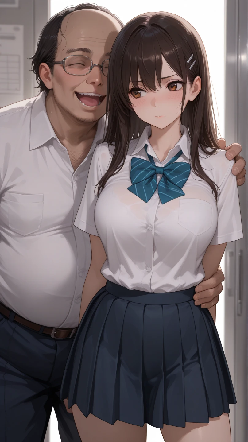masterpiece,best quality, source anime, rating_explicit, ukkripony, 1girl, 1man,hetero, vaginal sex,standing sex, arms up, (hands against wall:1.2), cowboy shot, breast press, pussy juice,cum in pussy, (sex from behind:1.3), from side, head back,looking up BREAK girl, 18 yo, (large breasts:1.3), (black hair:1.2), (medium long hair:1.2), (hair between eyes:0.5), (straight hair:1.3), grey eyes, (tareme:1.3),, heavy breathing, sweat,tears,clenched teeth, orgasmface BREAK (school uniform), (white collared shirt, plain pattern shirt, short sleeves:1), (red plain pattern narrow neck ribbon:1.1), (open clothes:1.3),nipples BREAK (black and grey plaid pattern skirt:1), (pleated skirt, Miniskirt:1.2), BREAK faceless man, (grabbing another's shoulders:1.3) BREAK outdoors, concrete wall, (at night:1.3), night sky, dark lighting、(((Heart Pupil)))、((Ahegao))