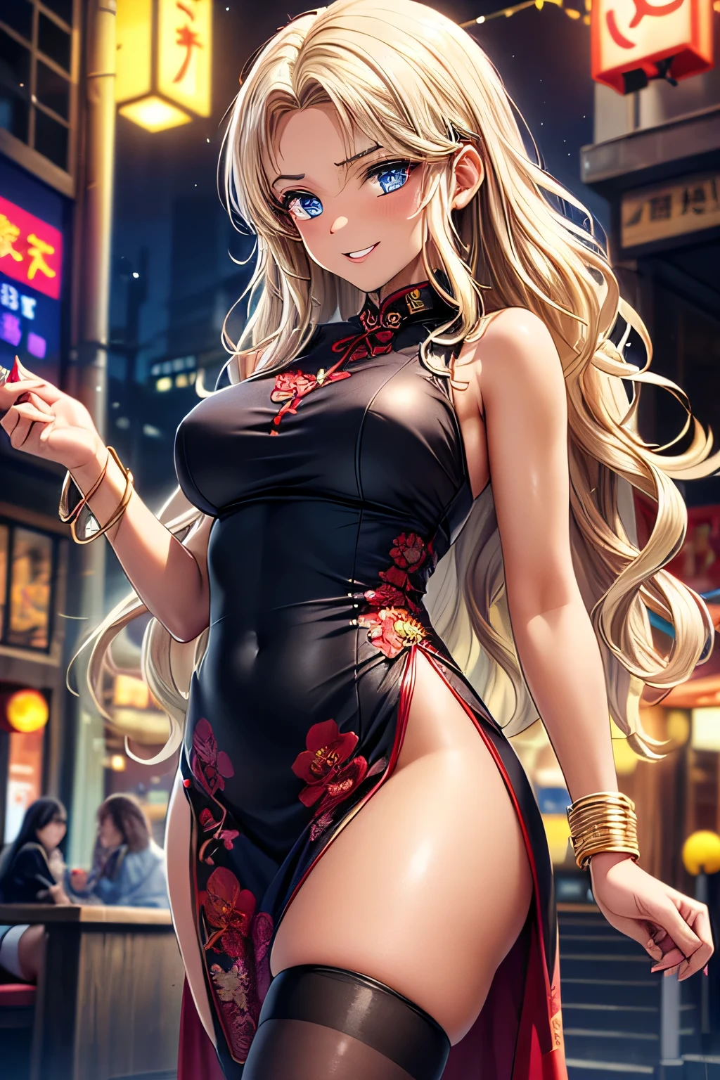 1girl,a beautiful korean fashion model bokeh train ,  (masterpiece, detailed background, best quality), long and shiny hair, blonde hair,  smirk, juicy lips,  red lips,<lora:GoodHands-beta2:1>,