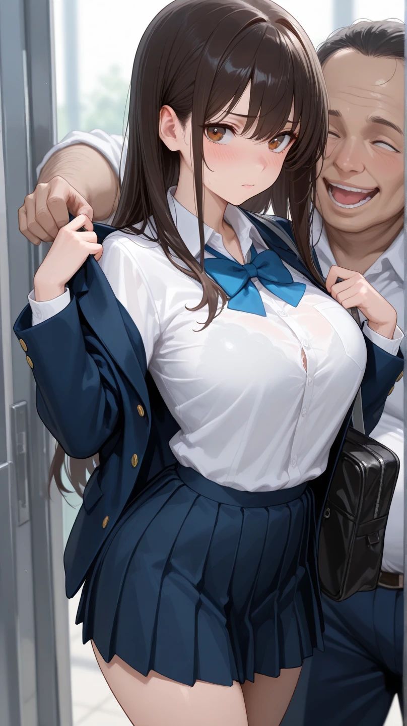 highest quality、One Girl And One Middle Aged Man,full body figure、Perfect five-finger、perfect legs、perfect legs、high school student、Tsubame、 Terasu MC、Boku no Netorase Seiheki ni Tsukiatte kureru Kanojo、 shy face、perfect thing、detailed description、small details、detailed face、mini skirt、big boobs、big 、black panties、Black Panties、I can see your panties、school uniform、high school studentの制服、blazer、tsubame ntr, long hair, blue eyes, brown hair, twintails,plump body type、on the train、On the train、man hugs girl、A man touches a girl's chest