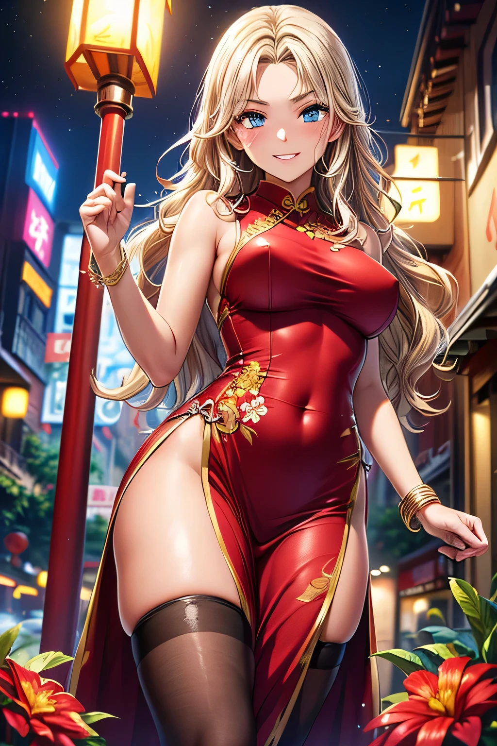 nsfw, 8k, Delicate image quality, best quality, (((blond twintails))), Red qipao, panty hose, 16 year old Beautiful girl, masterpiece, best quality, ultra detailed, Photo taken from below, outdoors, storm, lightning, leg spread,
